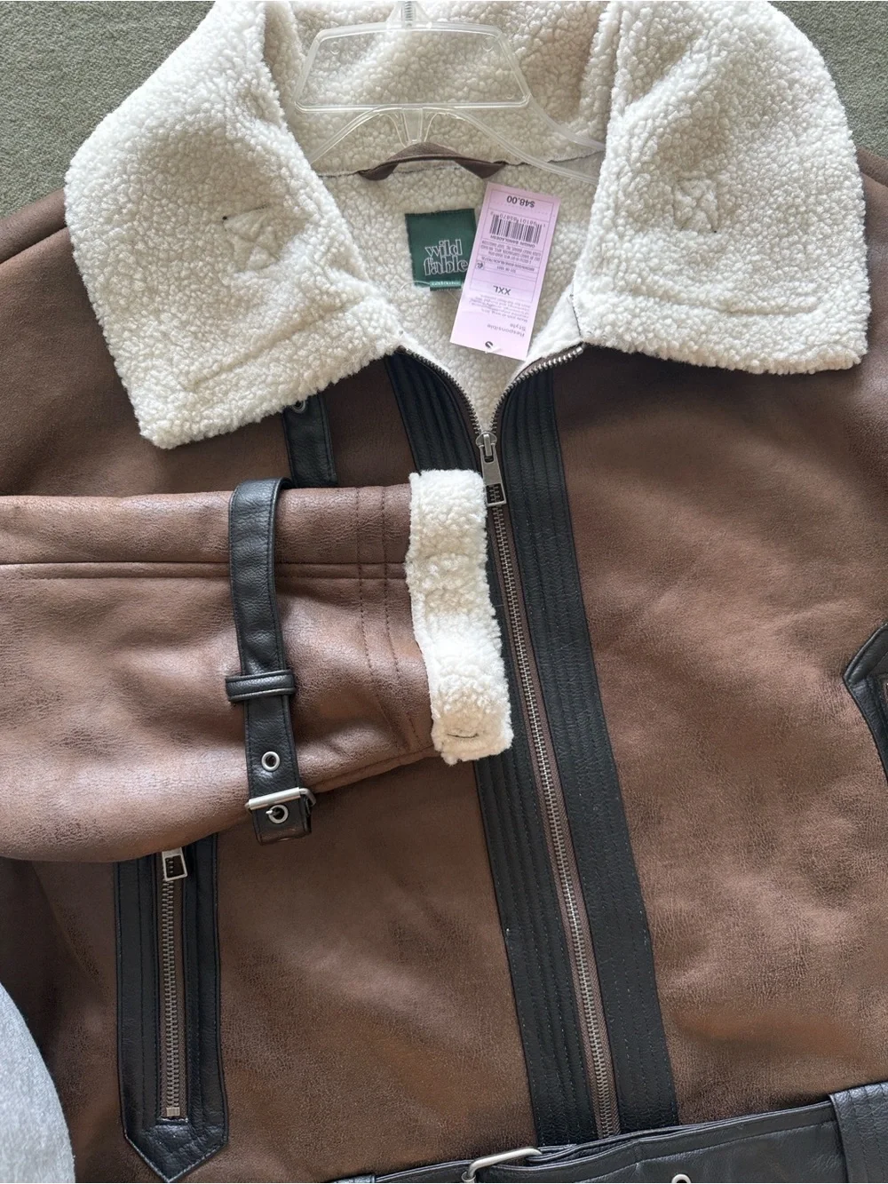 wild fable Brown Faux-Leather Bomber Jacket with Sherpa Collar XXL